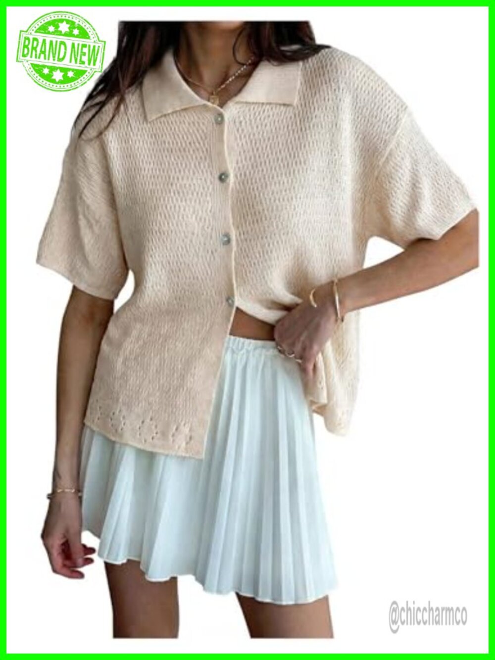 Short Sleeve Collared Button Down Cardigan Lightweight Knit Loose Fit Sweater